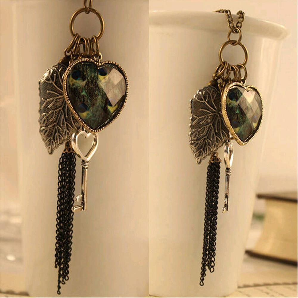 High Quality Retro Peacock Feather key Necklace