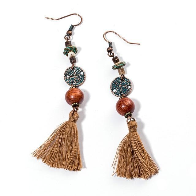 Antique Vintage Bohemian Ethnic Tassel Fringe Leaf Stones Earrings