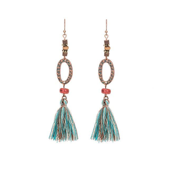 Antique Vintage Bohemian Ethnic Tassel Fringe Leaf Stones Earrings