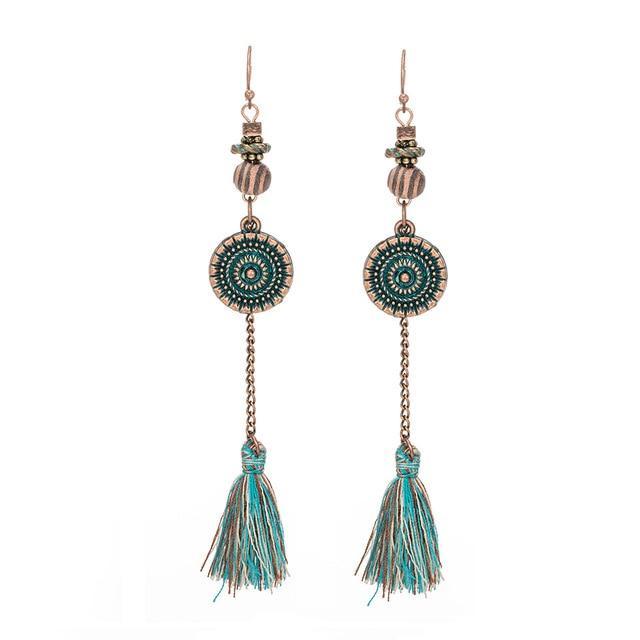 Antique Vintage Bohemian Ethnic Tassel Fringe Leaf Stones Earrings