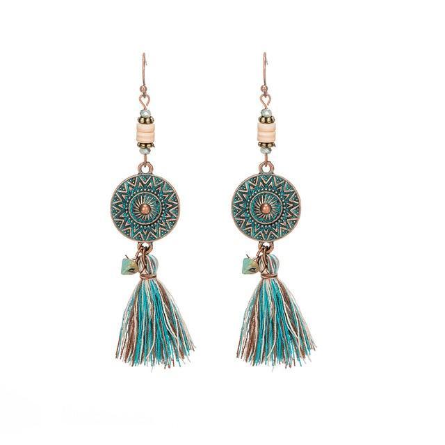 Antique Vintage Bohemian Ethnic Tassel Fringe Leaf Stones Earrings