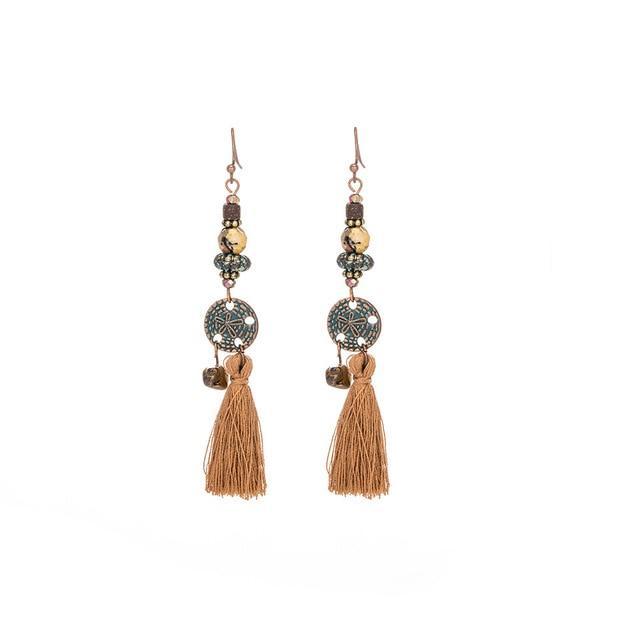 Antique Vintage Bohemian Ethnic Tassel Fringe Leaf Stones Earrings