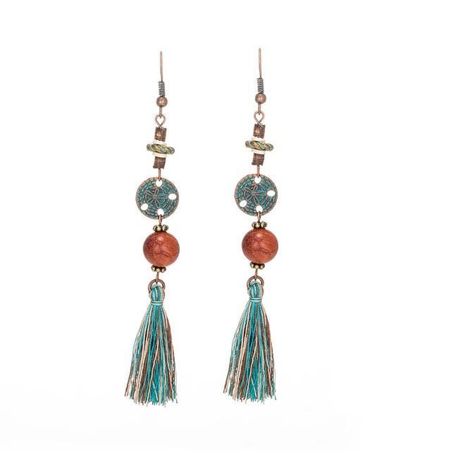 Antique Vintage Bohemian Ethnic Tassel Fringe Leaf Stones Earrings