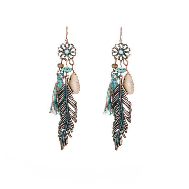 Antique Vintage Bohemian Ethnic Tassel Fringe Leaf Stones Earrings