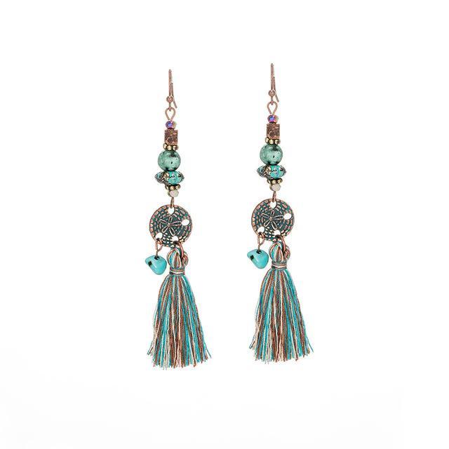 Antique Vintage Bohemian Ethnic Tassel Fringe Leaf Stones Earrings