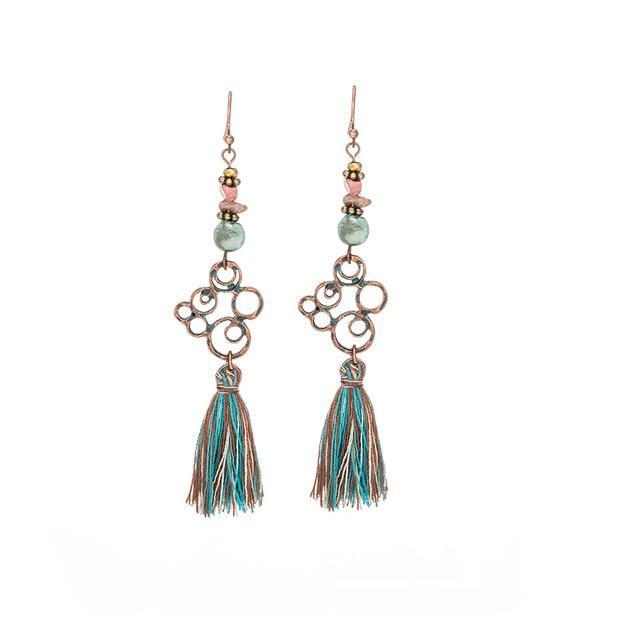 Antique Vintage Bohemian Ethnic Tassel Fringe Leaf Stones Earrings