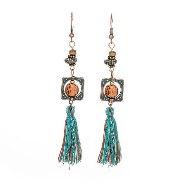 Antique Vintage Bohemian Ethnic Tassel Fringe Leaf Stones Earrings