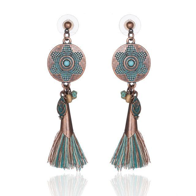 Antique Vintage Bohemian Ethnic Tassel Fringe Leaf Stones Earrings