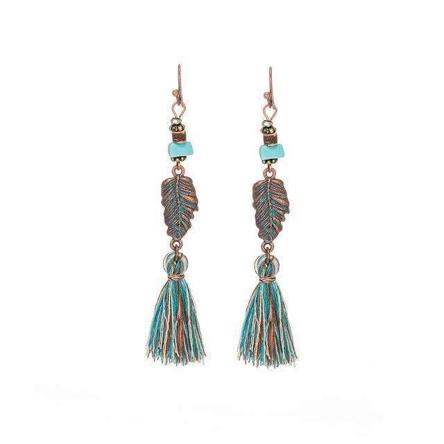 Antique Vintage Bohemian Ethnic Tassel Fringe Leaf Stones Earrings