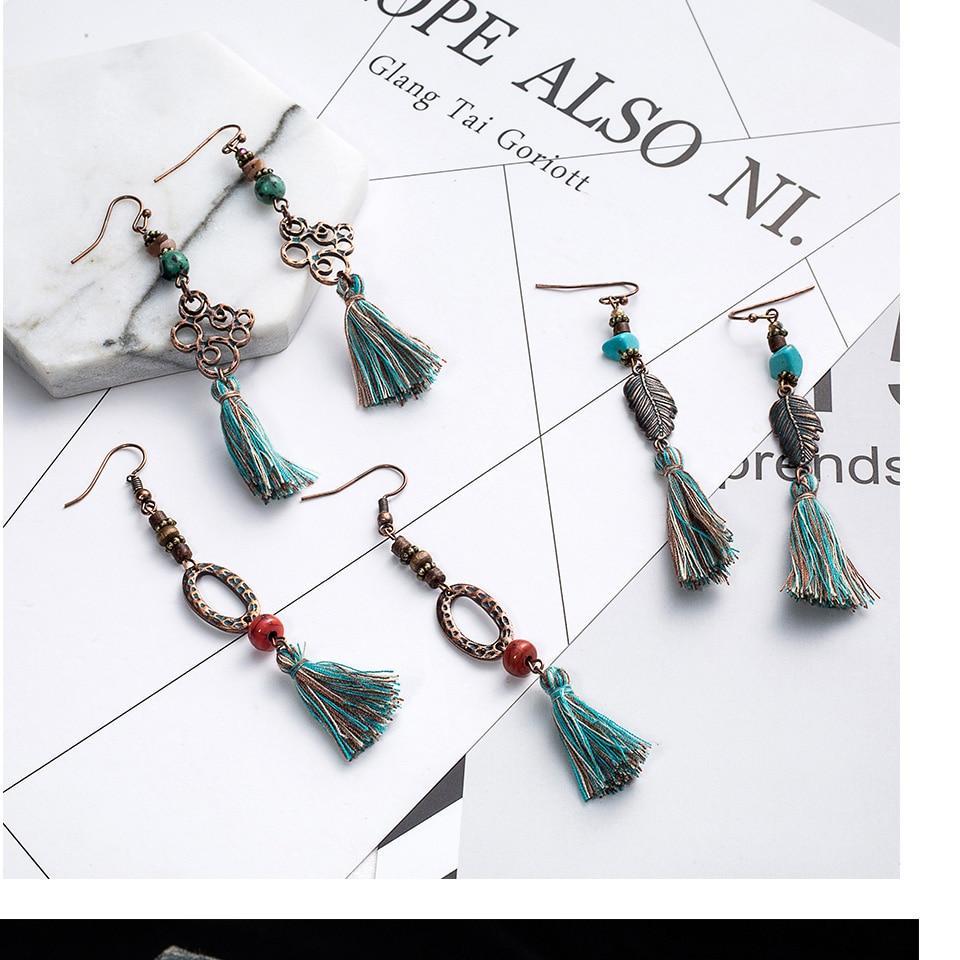 Antique Vintage Bohemian Ethnic Tassel Fringe Leaf Stones Earrings