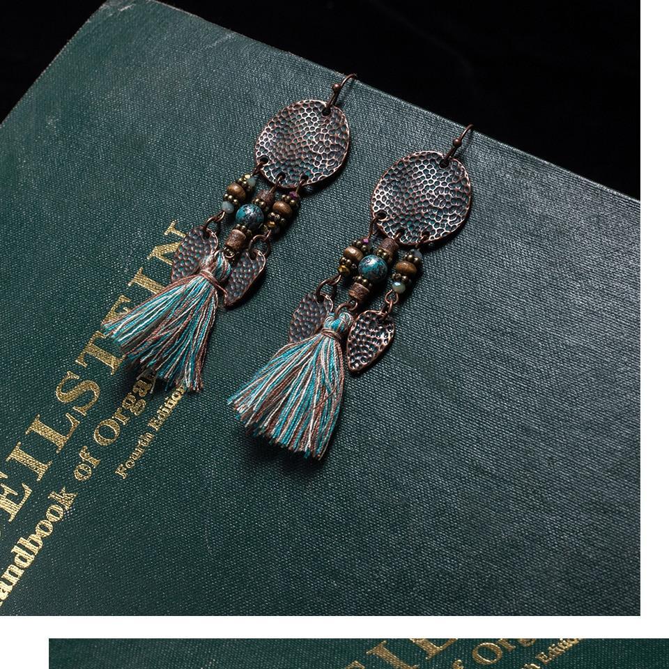 Antique Vintage Bohemian Ethnic Tassel Fringe Leaf Stones Earrings