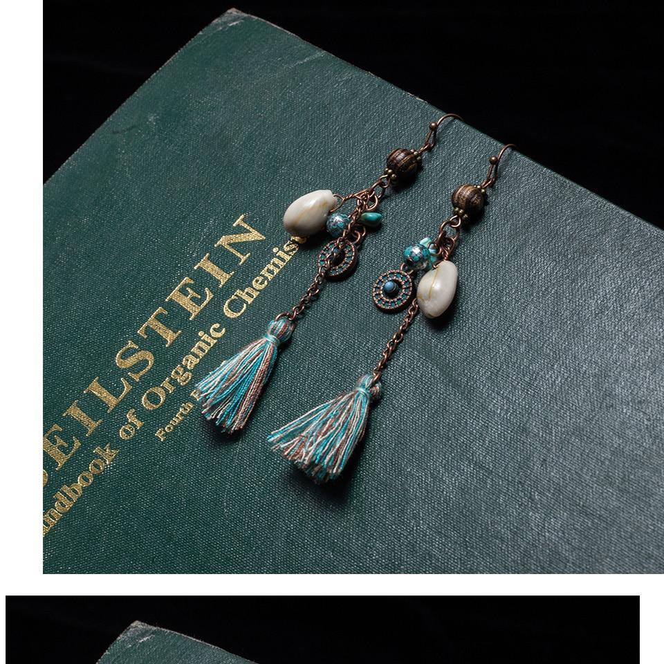 Antique Vintage Bohemian Ethnic Tassel Fringe Leaf Stones Earrings