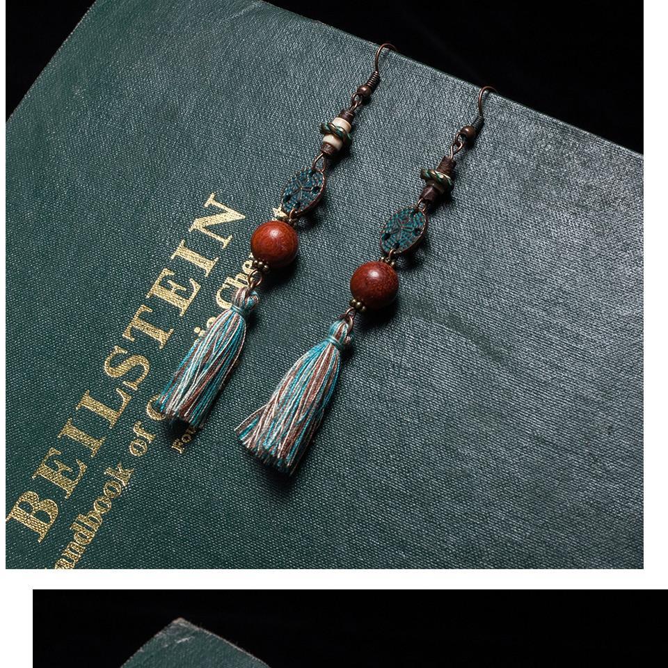 Antique Vintage Bohemian Ethnic Tassel Fringe Leaf Stones Earrings