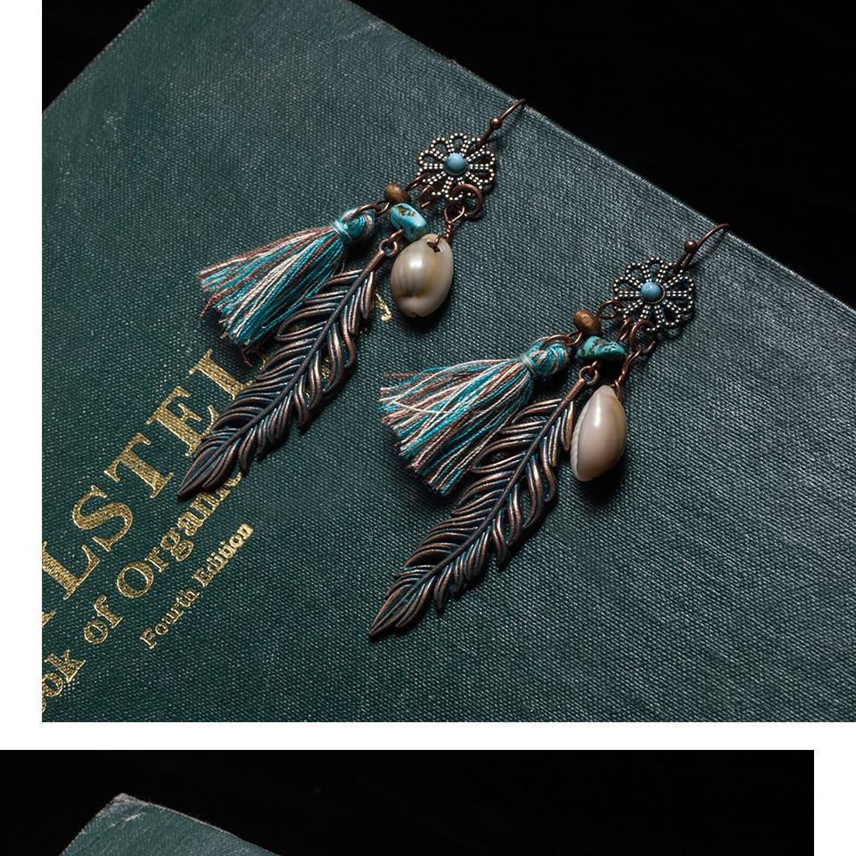 Antique Vintage Bohemian Ethnic Tassel Fringe Leaf Stones Earrings