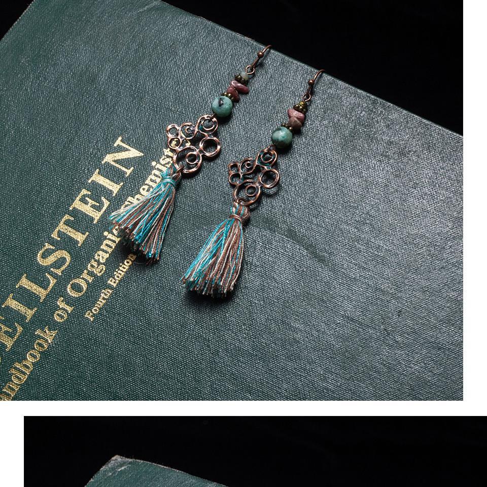 Antique Vintage Bohemian Ethnic Tassel Fringe Leaf Stones Earrings