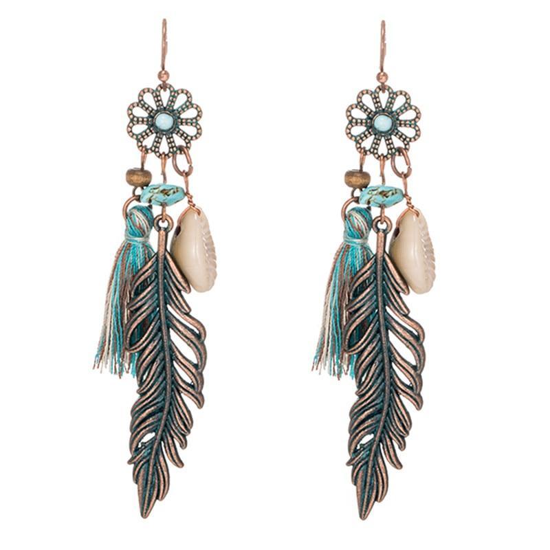 Antique Vintage Bohemian Ethnic Tassel Fringe Leaf Stones Earrings