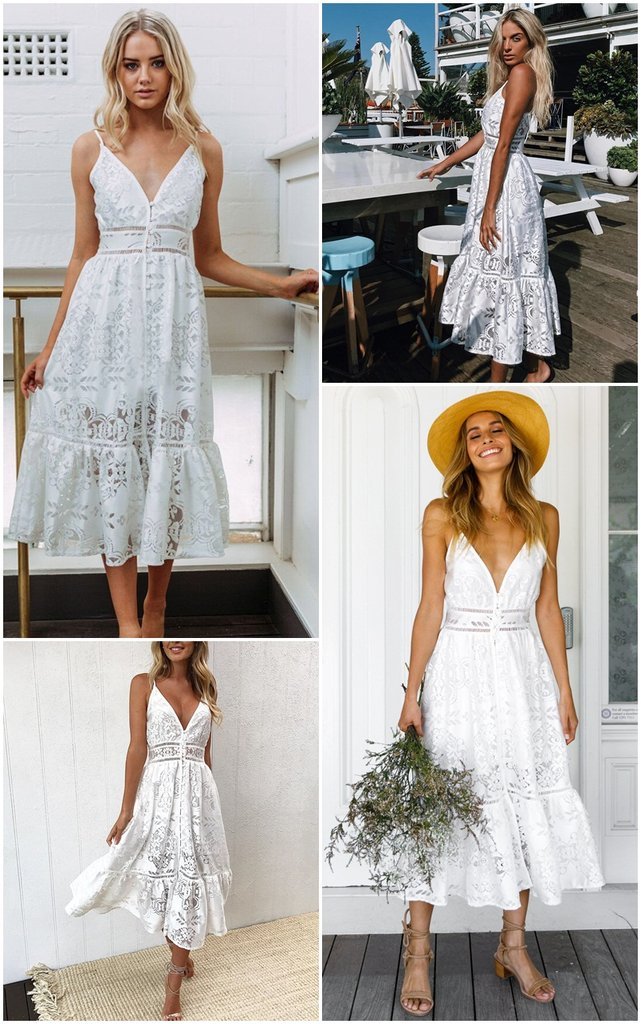 Sexy Deep V Neck Lace Summer White Midi Dress