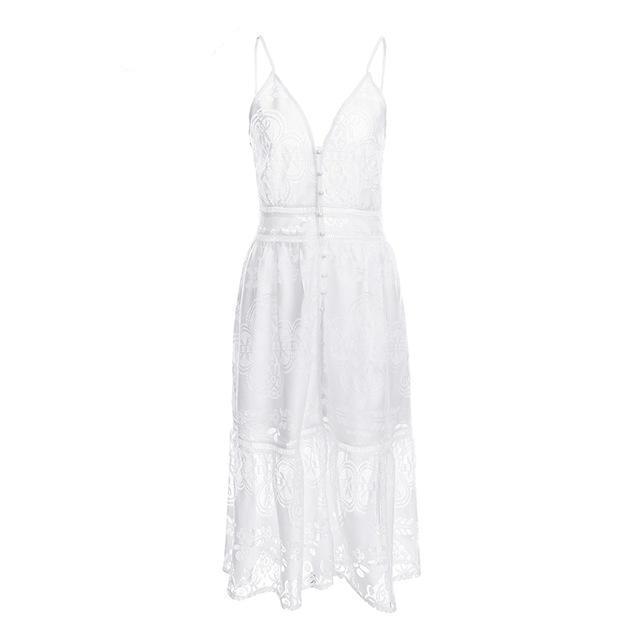 Sexy Deep V Neck Lace Summer White Midi Dress