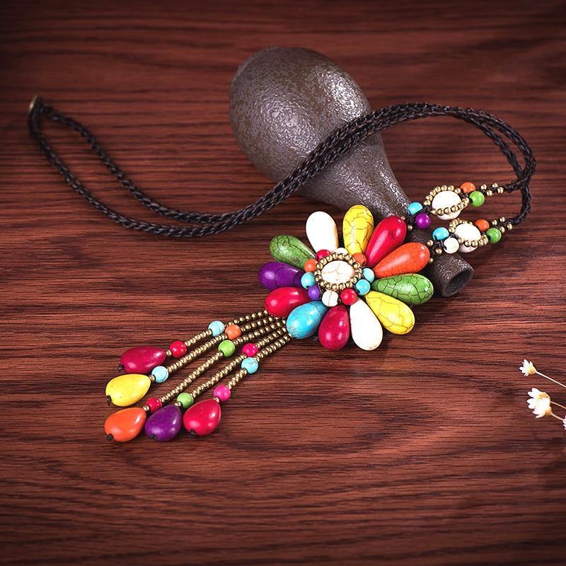 Women Boho Long Natural Stone Tassel Flower Vintage Ethnic Style Statement Necklace - hiblings