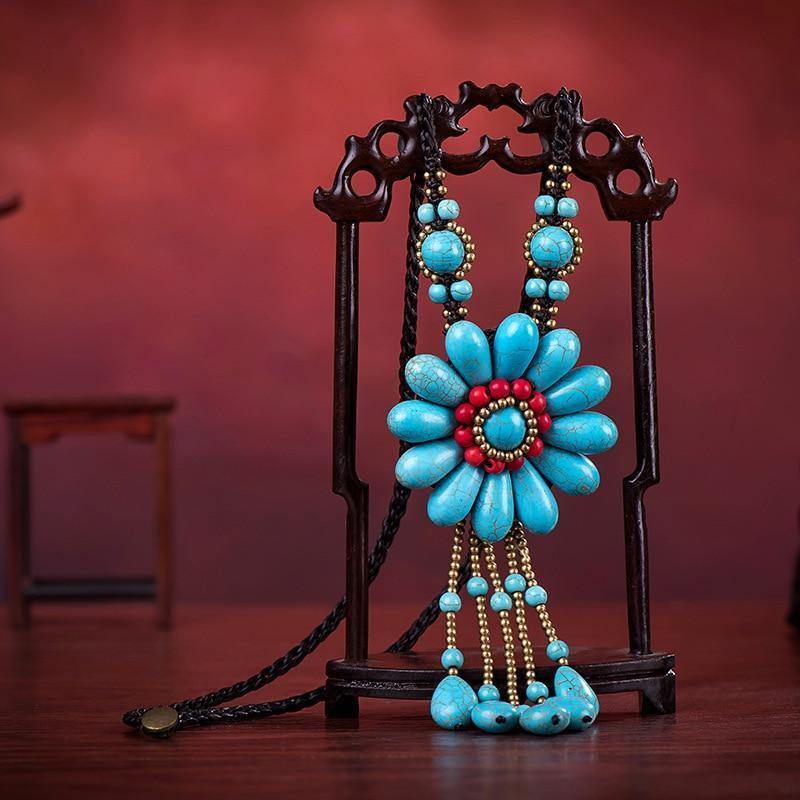 Women Boho Long Natural Stone Tassel Flower Vintage Ethnic Style Statement Necklace - hiblings