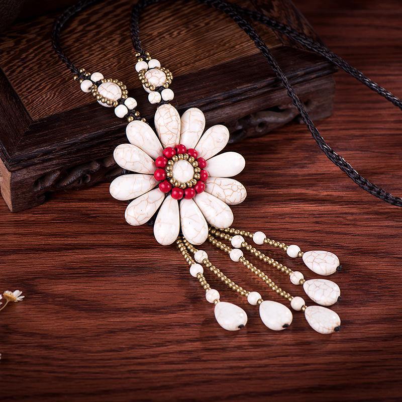 Women Boho Long Natural Stone Tassel Flower Vintage Ethnic Style Statement Necklace - hiblings