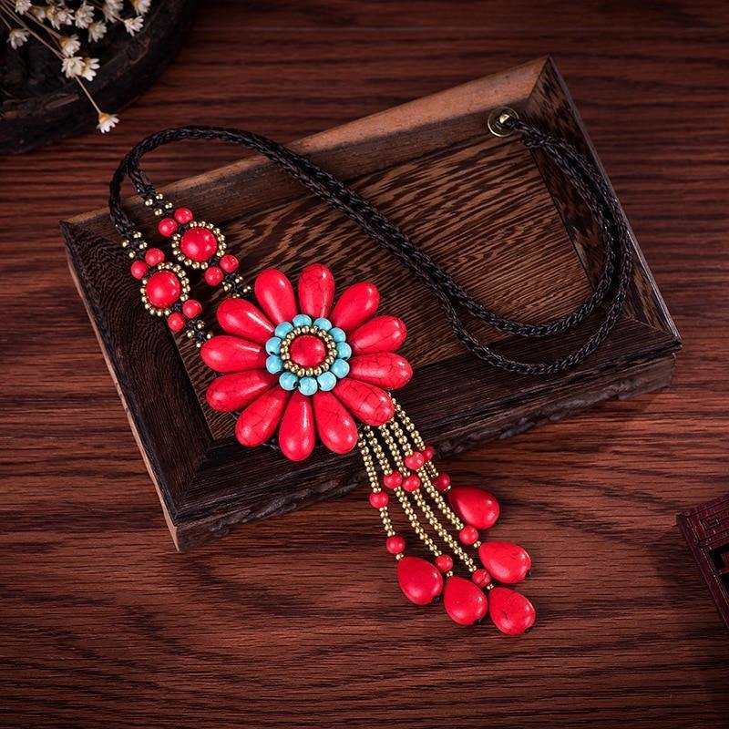 Women Boho Long Natural Stone Tassel Flower Vintage Ethnic Style Statement Necklace - hiblings