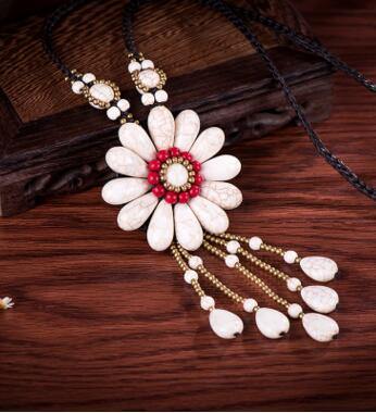 Women Boho Long Natural Stone Tassel Flower Vintage Ethnic Style Statement Necklace - hiblings