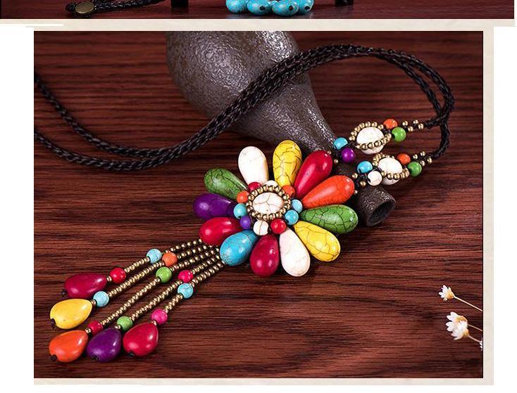 Women Boho Long Natural Stone Tassel Flower Vintage Ethnic Style Statement Necklace - hiblings