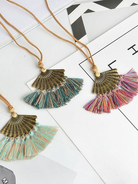 Bohemian Pendant Long Faux Suede Chain Tassel Necklace