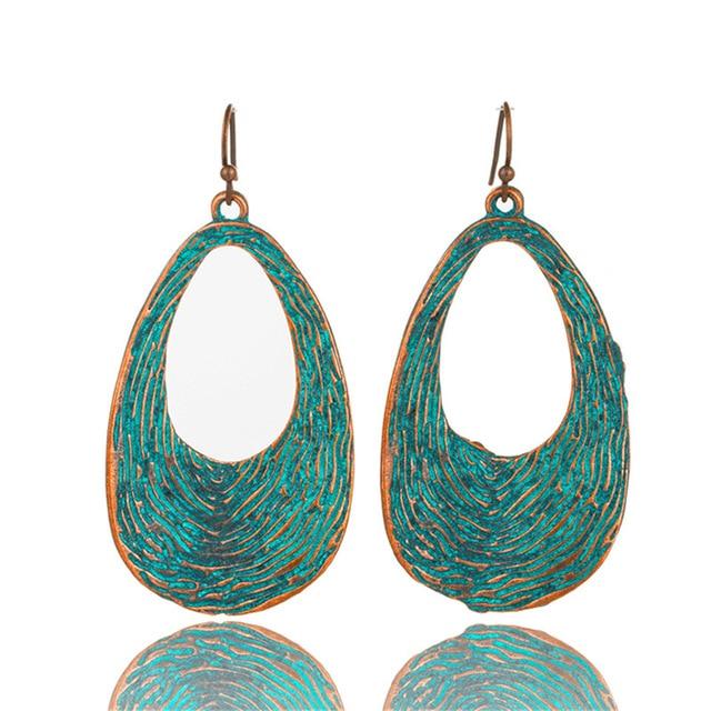 Bohemian Statement Exaggerated antique green metal water drop earrings for women