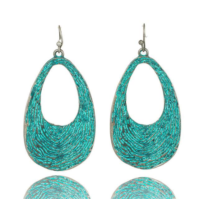 Bohemian Statement Exaggerated antique green metal water drop earrings for women