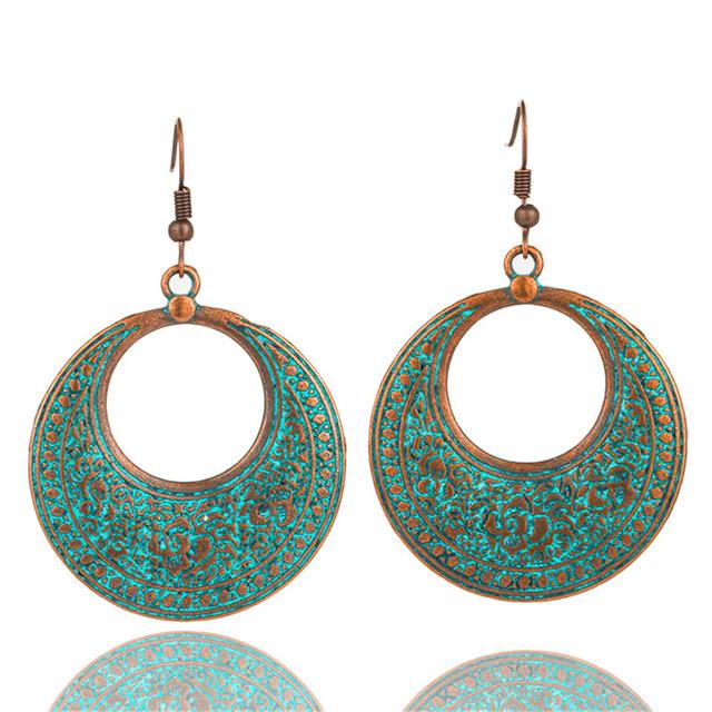 Bohemian Statement Exaggerated antique green metal water drop earrings for women