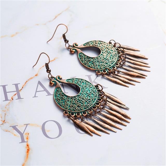 Bohemian Statement Exaggerated antique green metal water drop earrings for women