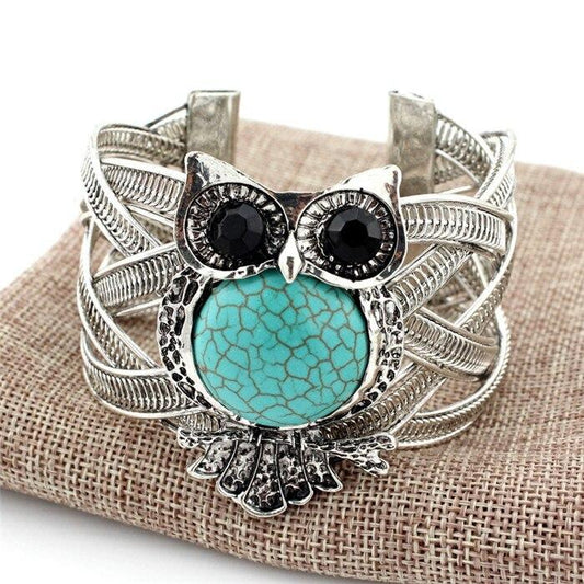 Bohemian Vintage Turquoise Silver Color Bracelet Owl Open Cuff Bracelets Jewelry