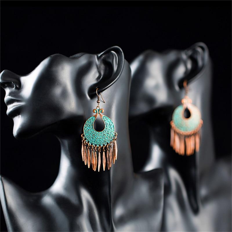 Bohemian Statement Exaggerated antique green metal water drop earrings for women