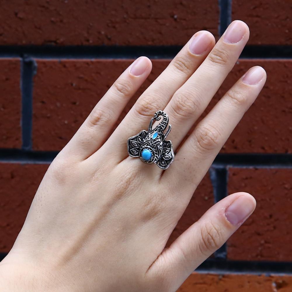 Vintage Elephant Head Alloy Finger Bohemian Lovely Blue Bead Ring