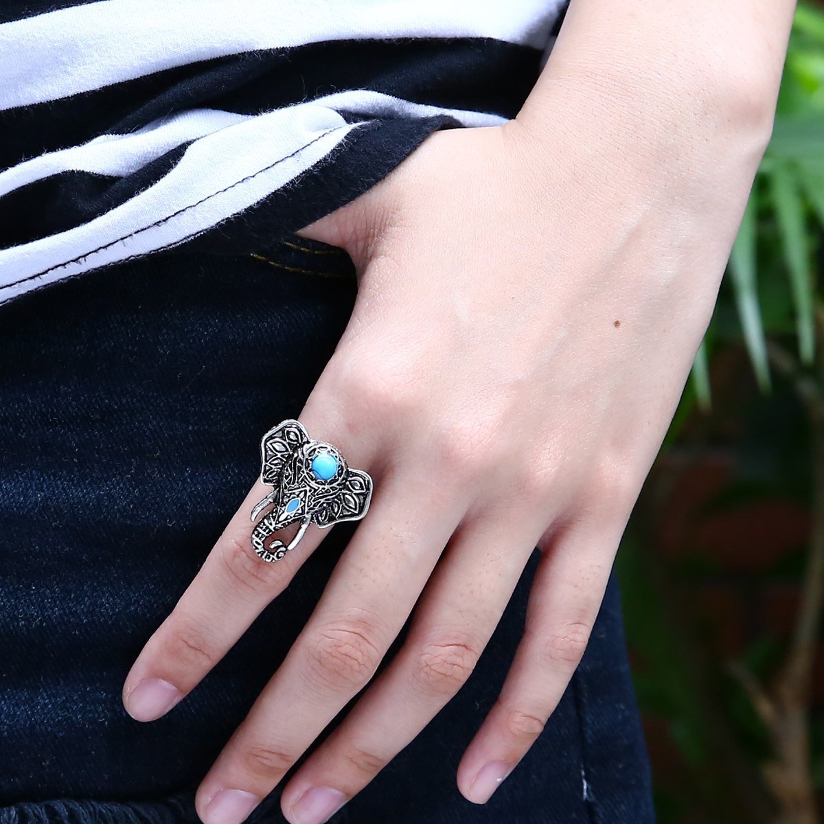 Vintage Elephant Head Alloy Finger Bohemian Lovely Blue Bead Ring