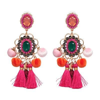 Colorful Drop Hairball Pompom Handmade Tassel Dangle Bohemian Big Earrings