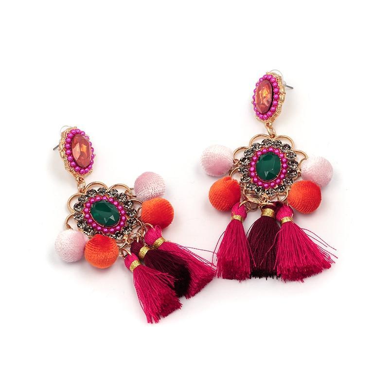 Colorful Drop Hairball Pompom Handmade Tassel Dangle Bohemian Big Earrings