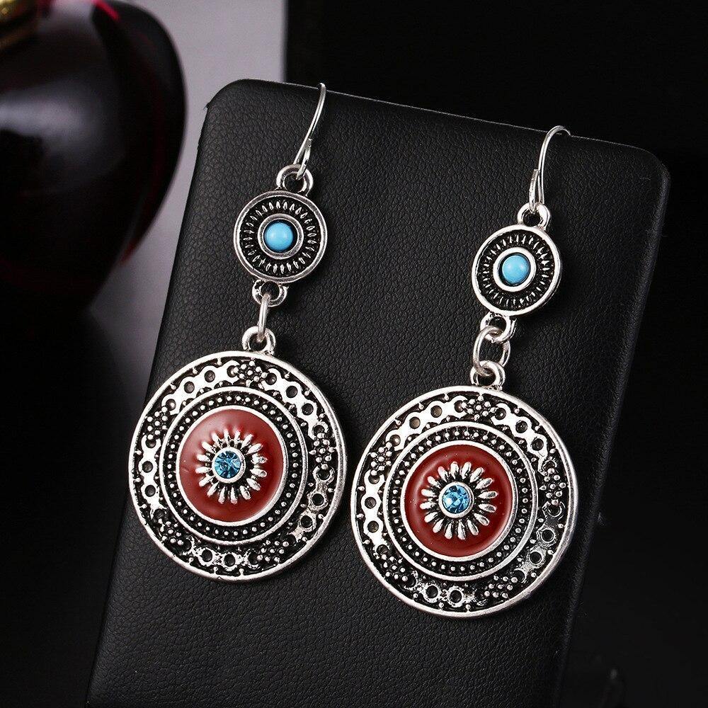 Vintage Hollow Round Pendant Enamel Flower Pattern Sweet Dangle Earrings - hiblings