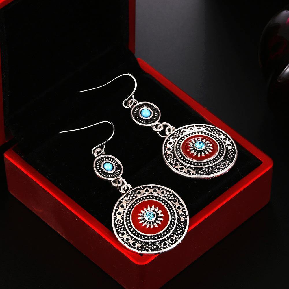 Vintage Hollow Round Pendant Enamel Flower Pattern Sweet Dangle Earrings - hiblings