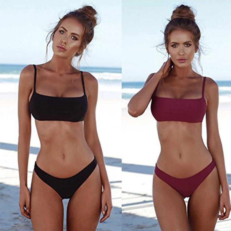 Summer Women Solid Bikini Set Push-up UnPadded Bra Swimsuit Swimwear Triangle Bather Suit Swimming Suit