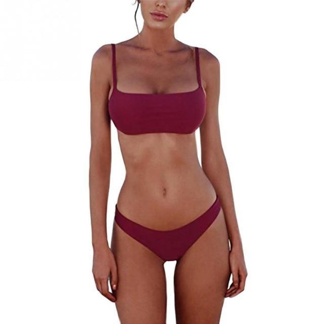 Summer Women Solid Bikini Set Push-up UnPadded Bra Swimsuit Swimwear Triangle Bather Suit Swimming Suit