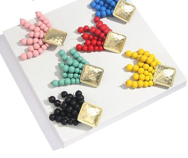 Long Beads Tassel Square Metal Handmade Charm Big Drop Earring