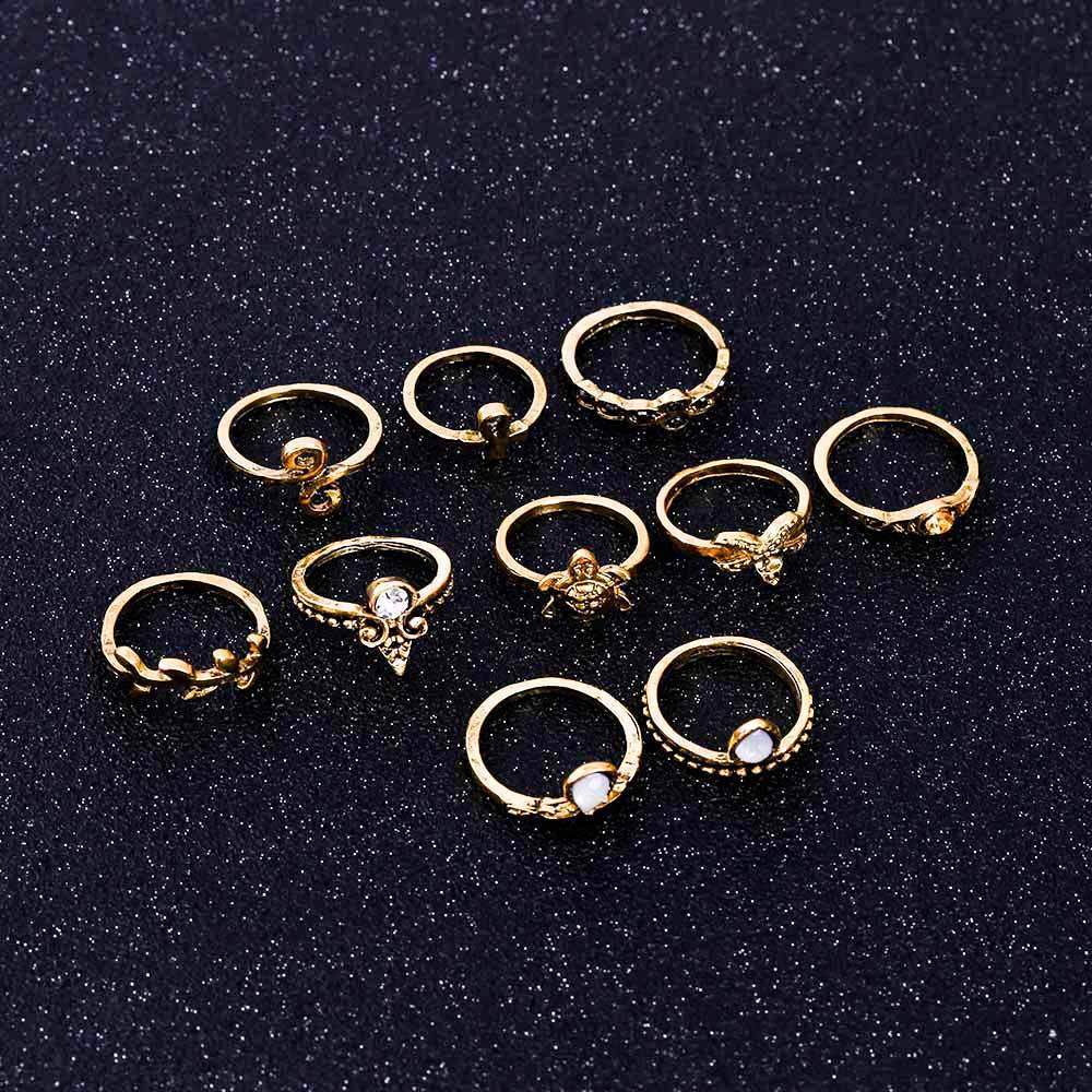 10 Pcs Set Boho Vintage Cute Turtle Rings Bohemian Jewelry