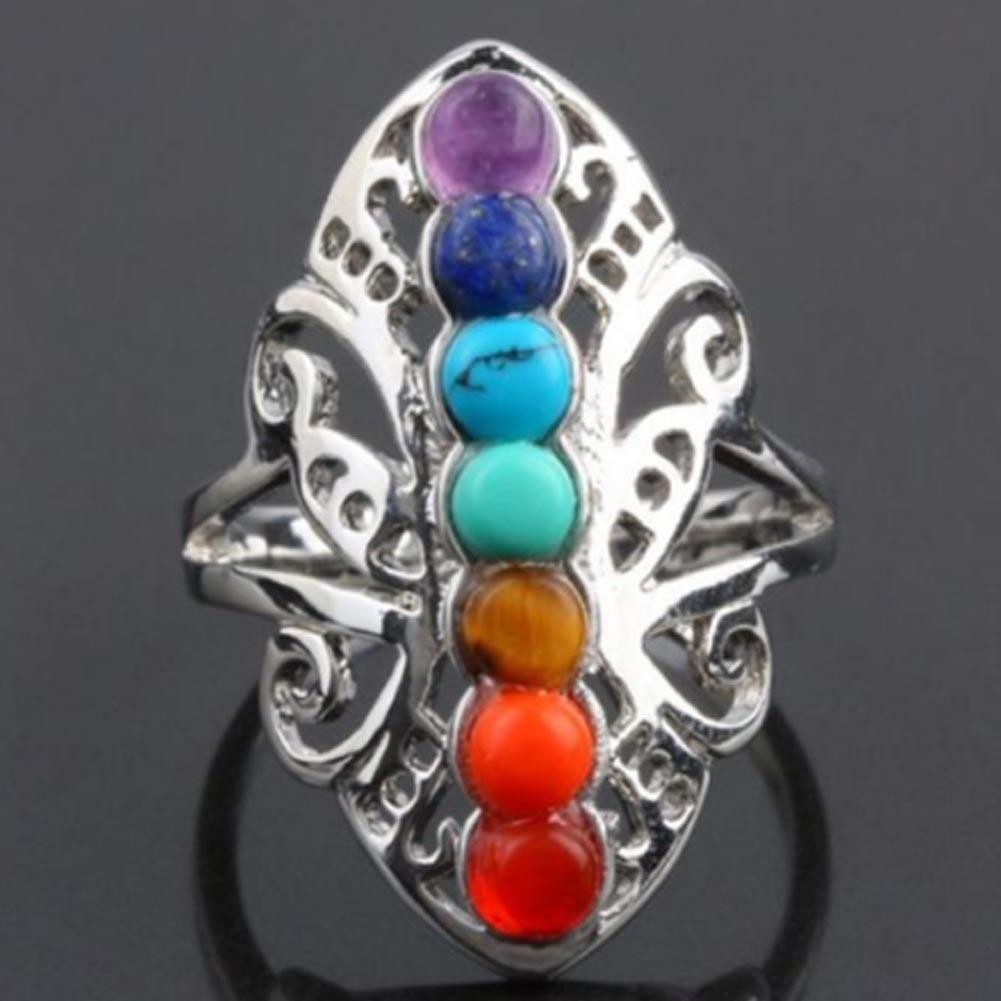 Silver Plated 7 Chakra Healing Hollow Thumb Reiki Natural Stones Adjustable Ring