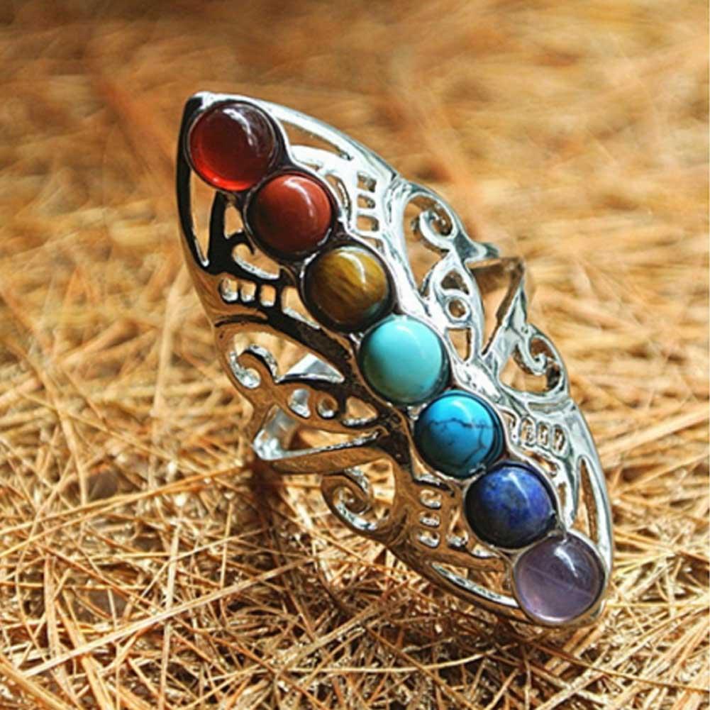 Silver Plated 7 Chakra Healing Hollow Thumb Reiki Natural Stones Adjustable Ring