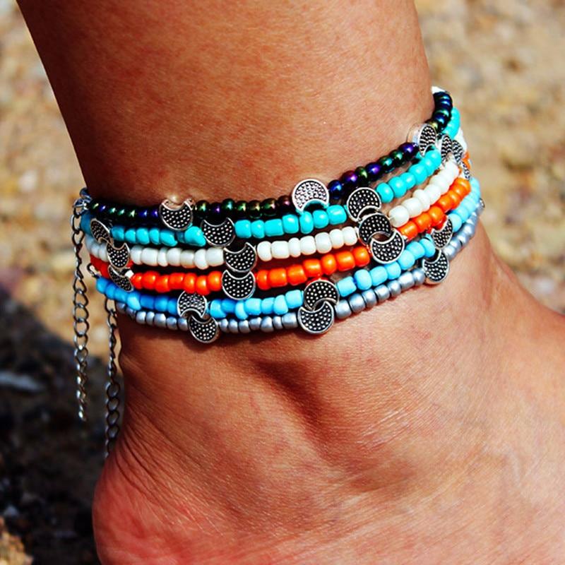 Bohemia Beads Vintage Leather Rope Leg Anklet Moon Sun Charm Beach Jewelry