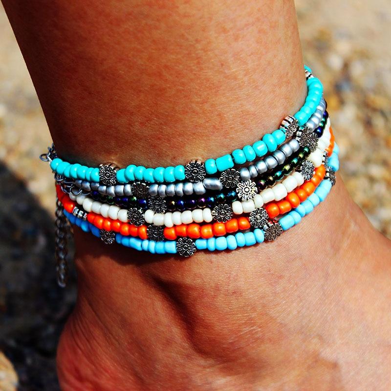 Bohemia Beads Vintage Leather Rope Leg Anklet Moon Sun Charm Beach Jewelry