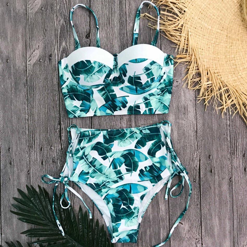 High Waist Swimwear Women Swimsuit Bikini Bandage Set Padded Bathing Suit Leaf Print